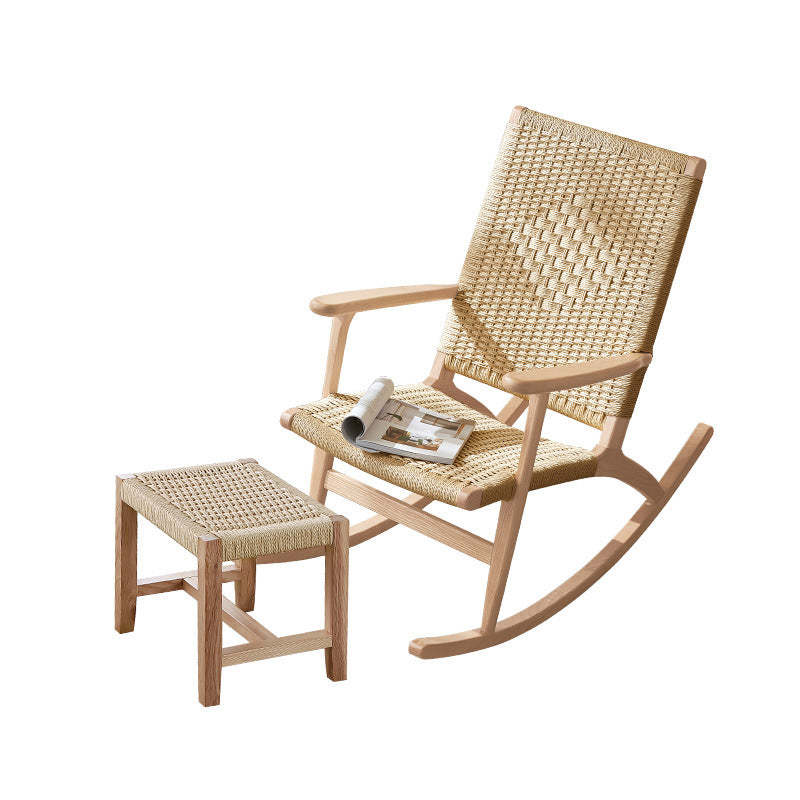 Japanese Ash Wood Rattan Rocking Recliner with Footstool