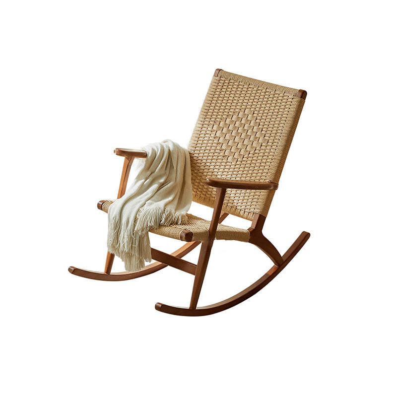 Japanese Ash Wood Rattan Rocking Recliner with Footstool
