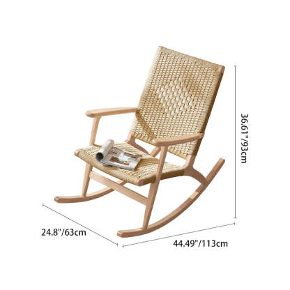 Japanese Ash Wood Rattan Rocking Recliner with Footstool — Footrest / Wood Color