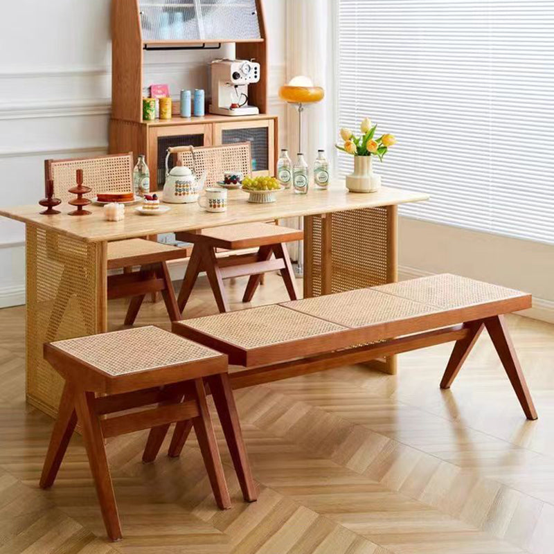 Japanese Woven Rubberwood Rattan Backless Low Stool — Wood Color