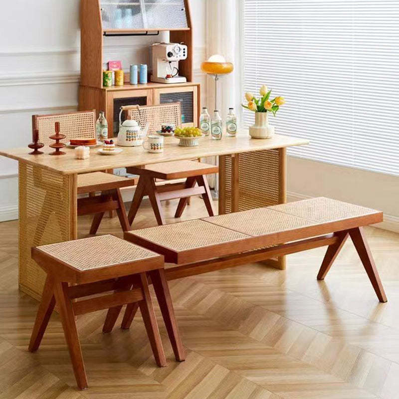 Japanese Woven Rubberwood Rattan Backless Low Stool — Wood Color