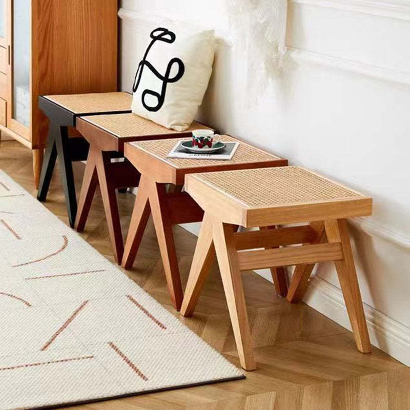 Japanese Woven Rubberwood Rattan Backless Low Stool — Black