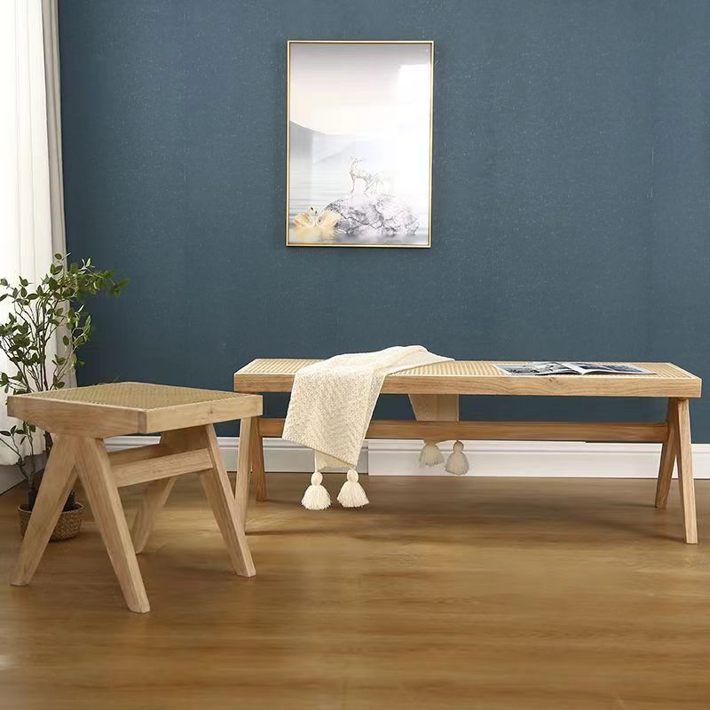 Japanese Woven Rubberwood Rattan Backless Low Stool