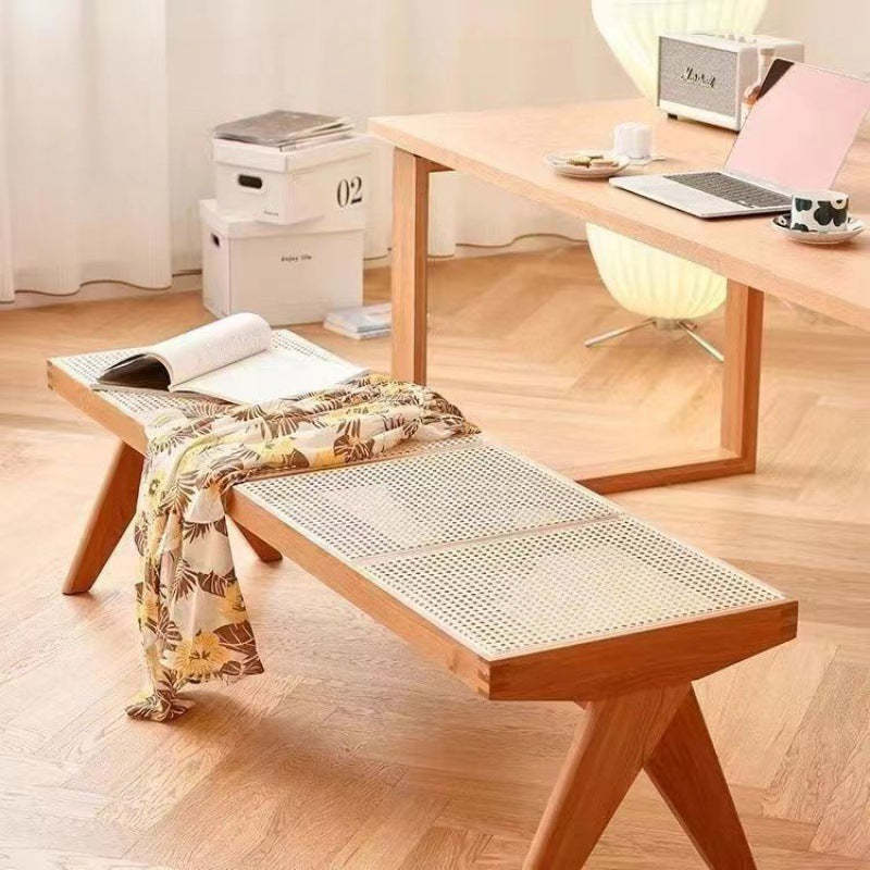 Japanese Woven Rubberwood Rattan Backless Low Stool — Cherry Wood Color