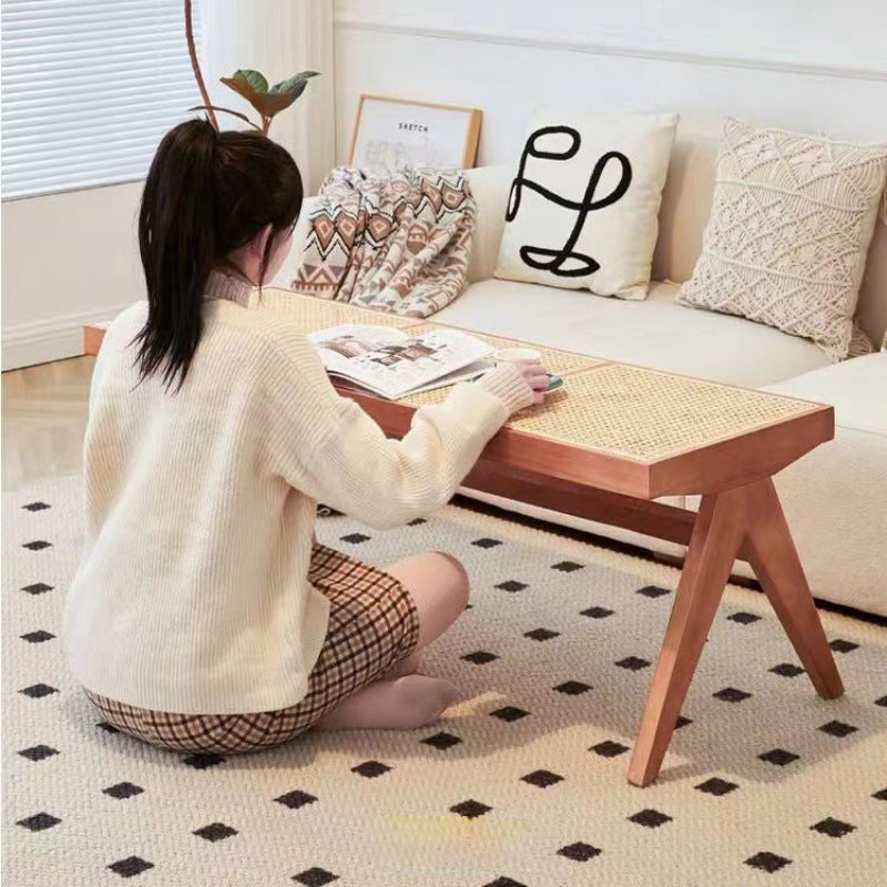 Japanese Woven Rubberwood Rattan Backless Low Stool