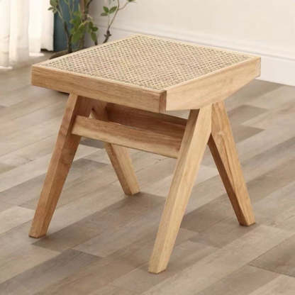 Japanese Woven Rubberwood Rattan Backless Low Stool