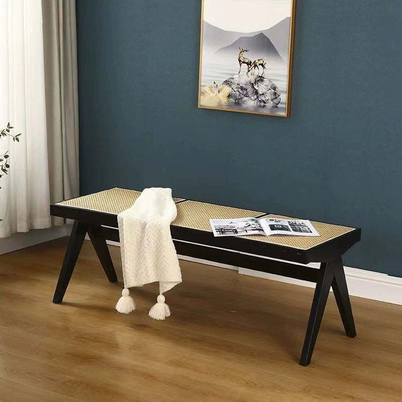 Japanese Woven Rubberwood Rattan Backless Low Stool — Walnut Color