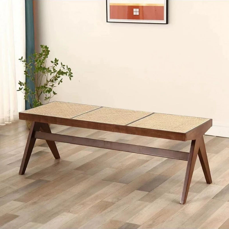 Japanese Rubber Wood Rattan Low Stool