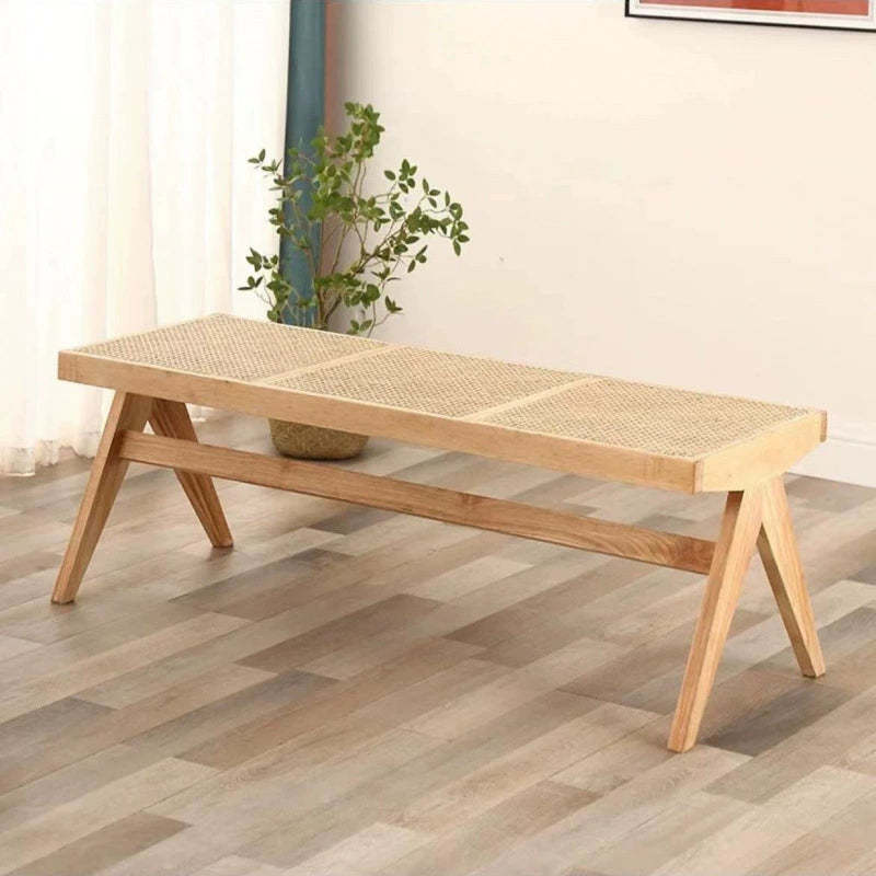 Japanese Woven Rubberwood Rattan Backless Low Stool