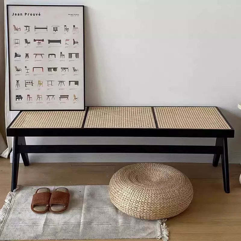 Japanese Woven Rubberwood Rattan Backless Low Stool