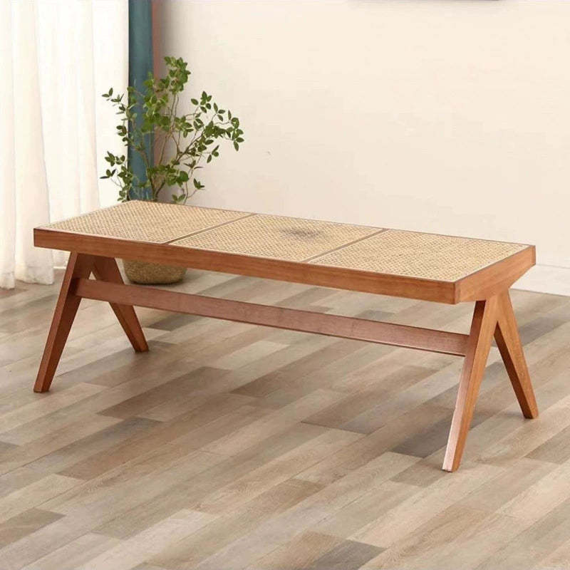 Japanese Woven Rubberwood Rattan Backless Low Stool