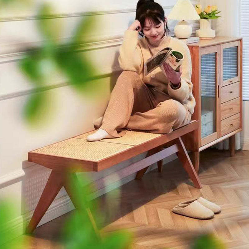 Japanese Woven Rubberwood Rattan Backless Low Stool