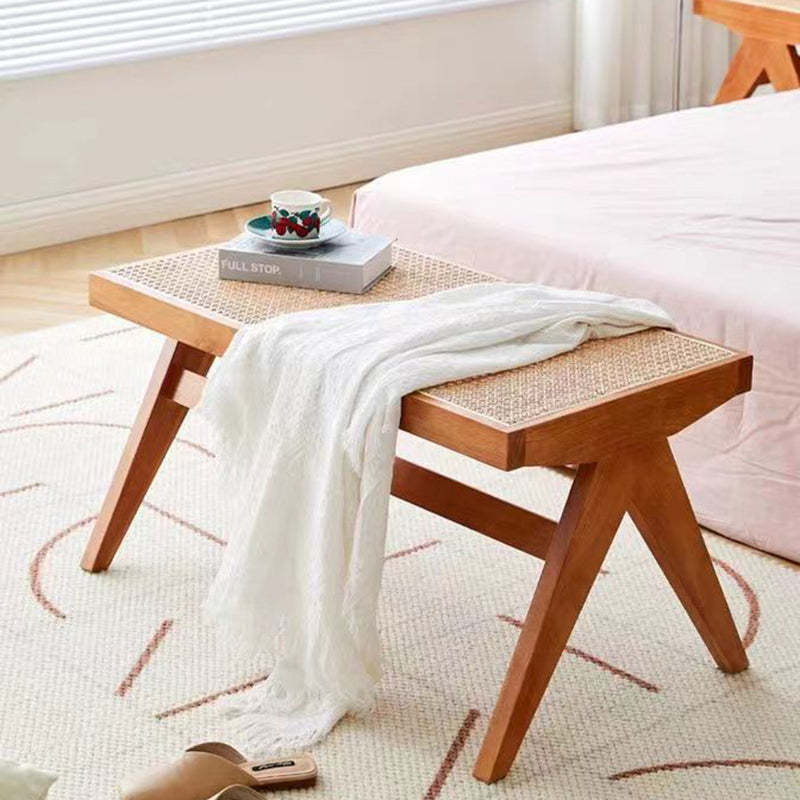 Japanese Woven Rubberwood Rattan Backless Low Stool — Walnut Color