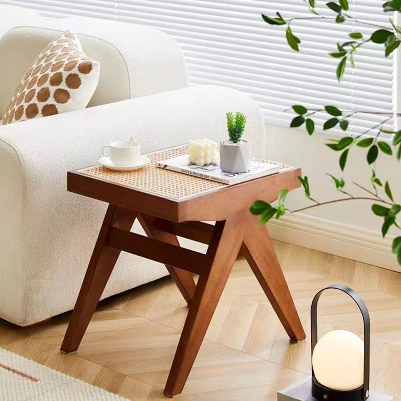 Japanese Rubber Wood Rattan Low Stool — Cherry Wood Color