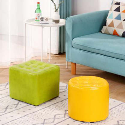 Modern Leather Wood Round Backless Footstool — Square / Green