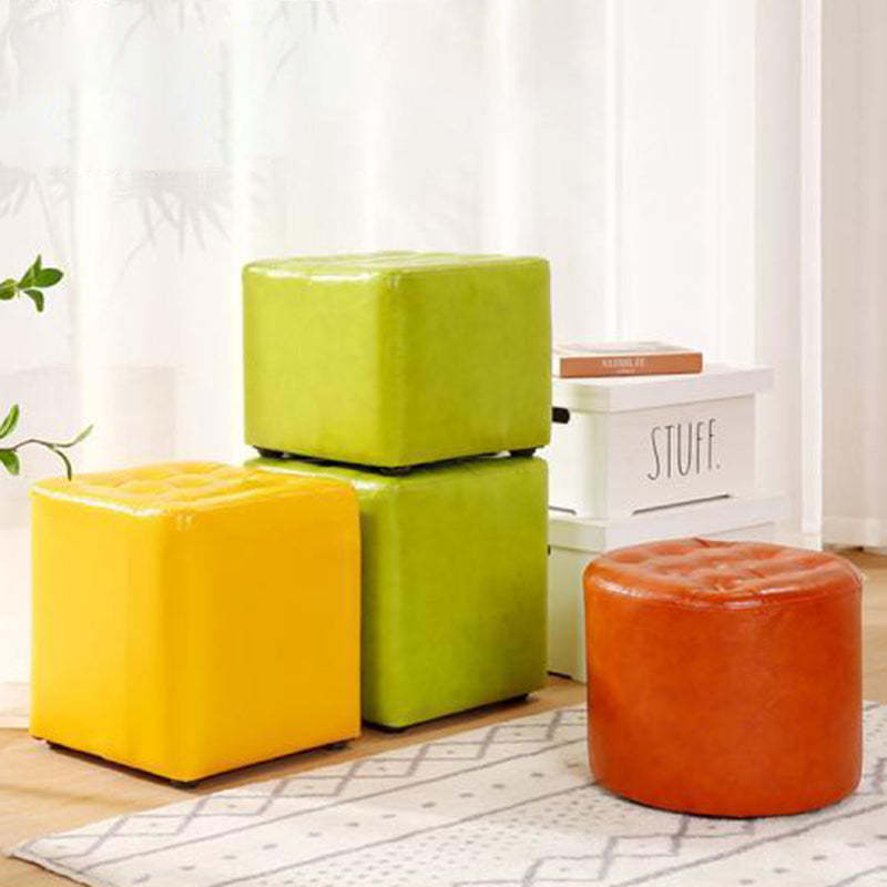 Modern Leather Wood Round Backless Footstool — Round / Orange