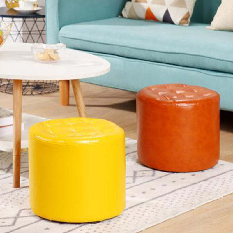 Modern Leather Wood Round Backless Footstool — Square / Yellow