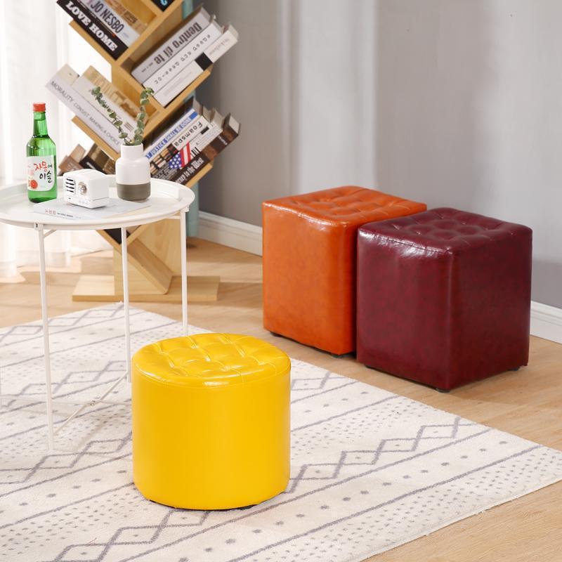 Modern Leather Wood Round Backless Footstool — Round / Burgundy