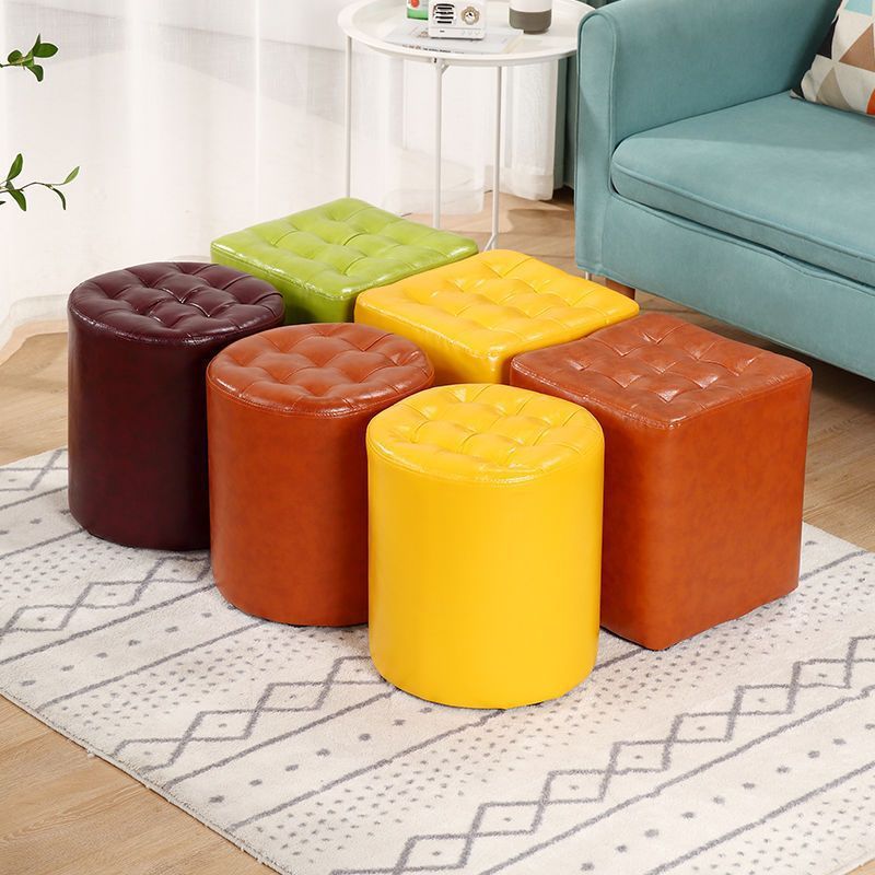 Modern Leather Wood Round Footstool — Round / Yellow