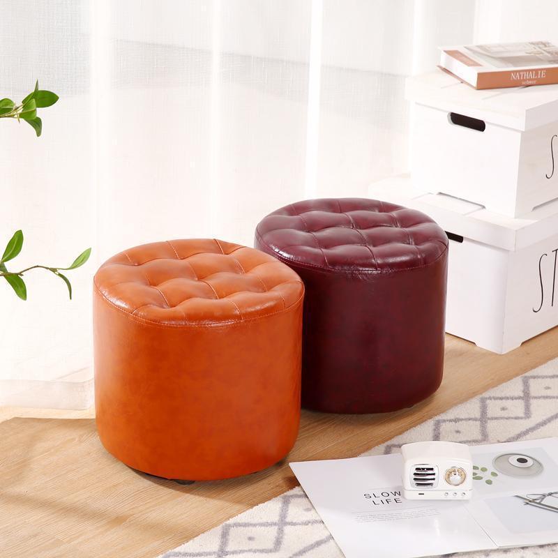 Modern Leather Wood Round Backless Footstool — Round / White