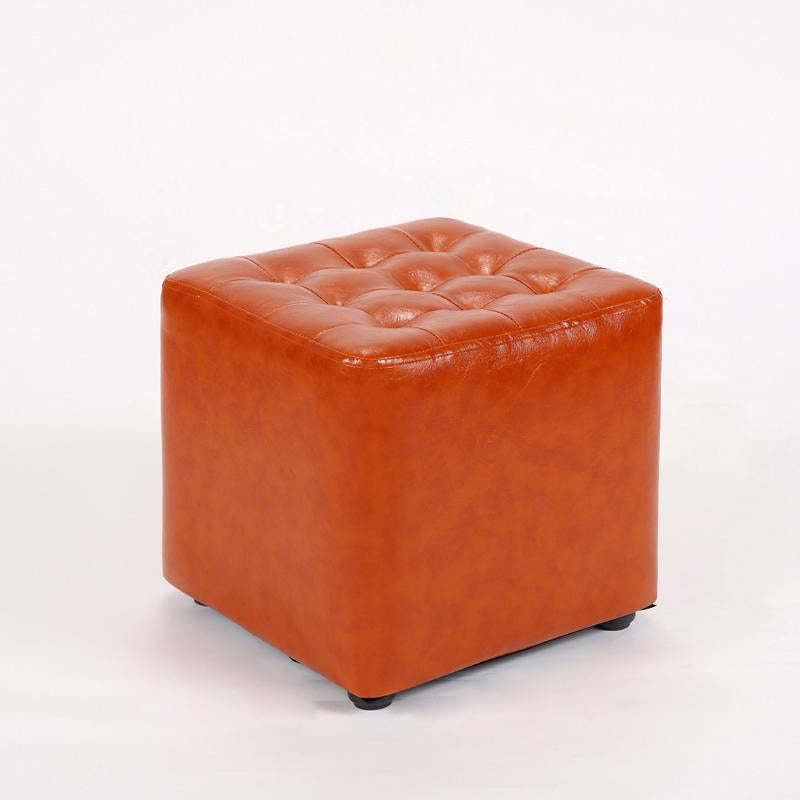 Modern Leather Wood Round Backless Footstool — Square / Yellow