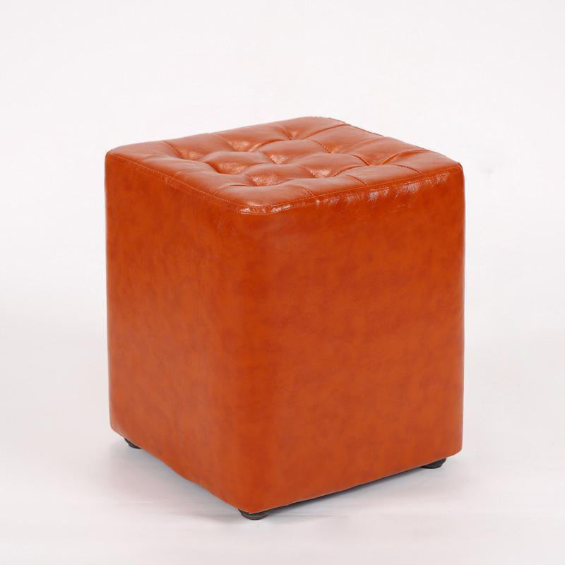 Modern Leather Wood Round Footstool — Square / Orange