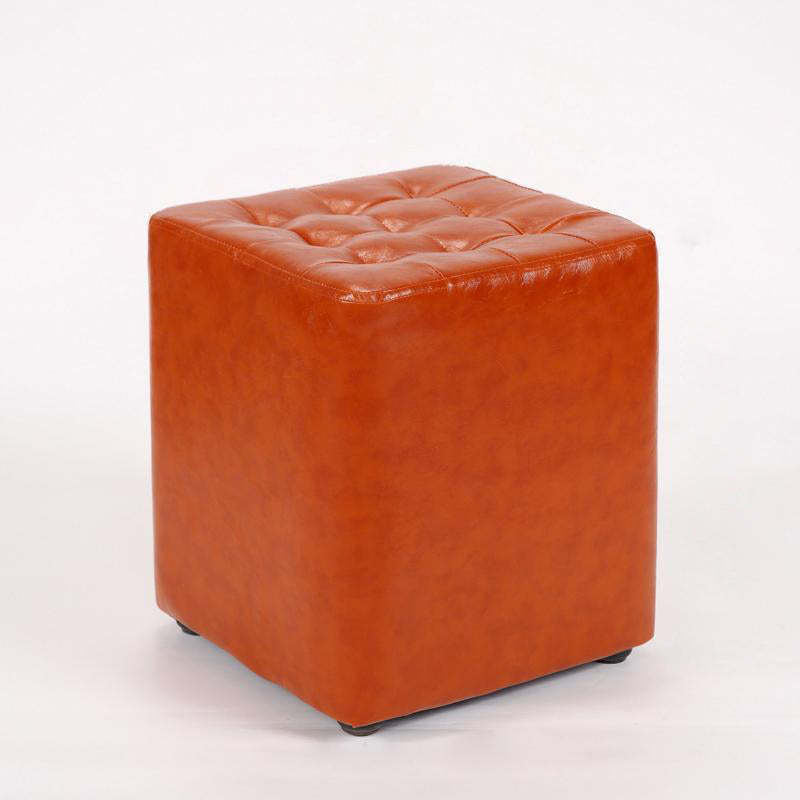 Modern Leather Wood Round Footstool — Square / Orange