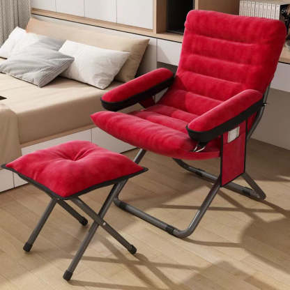 Modern Velvet Metal Cotton Foldable Recliner with Footrest — With Pillow / Red