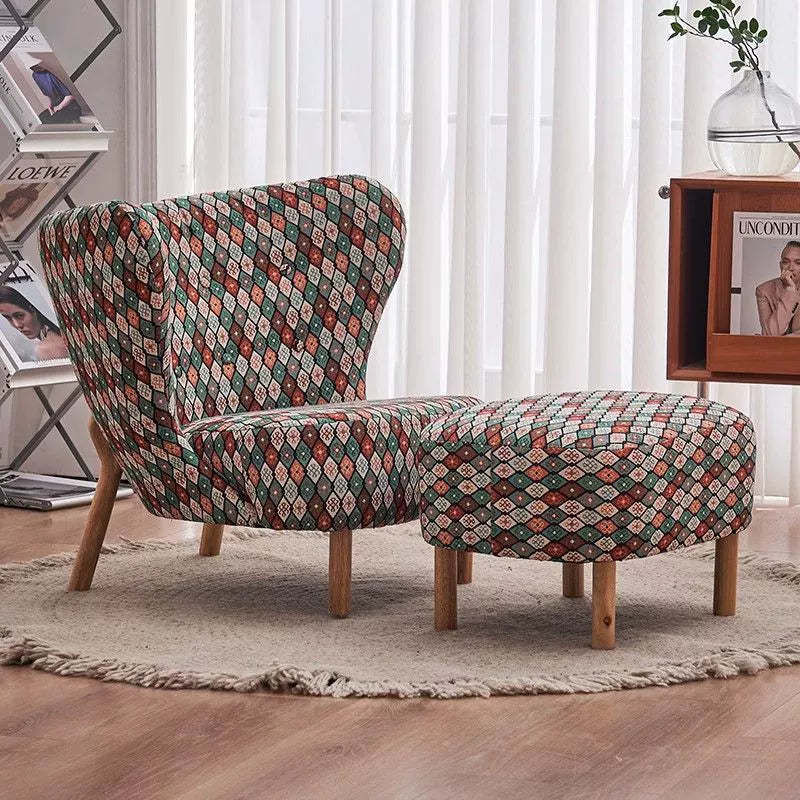 Nordic Lambswool Corduroy Wood Accent Chair — Without Footrest / Gothic Lattice - Fabric