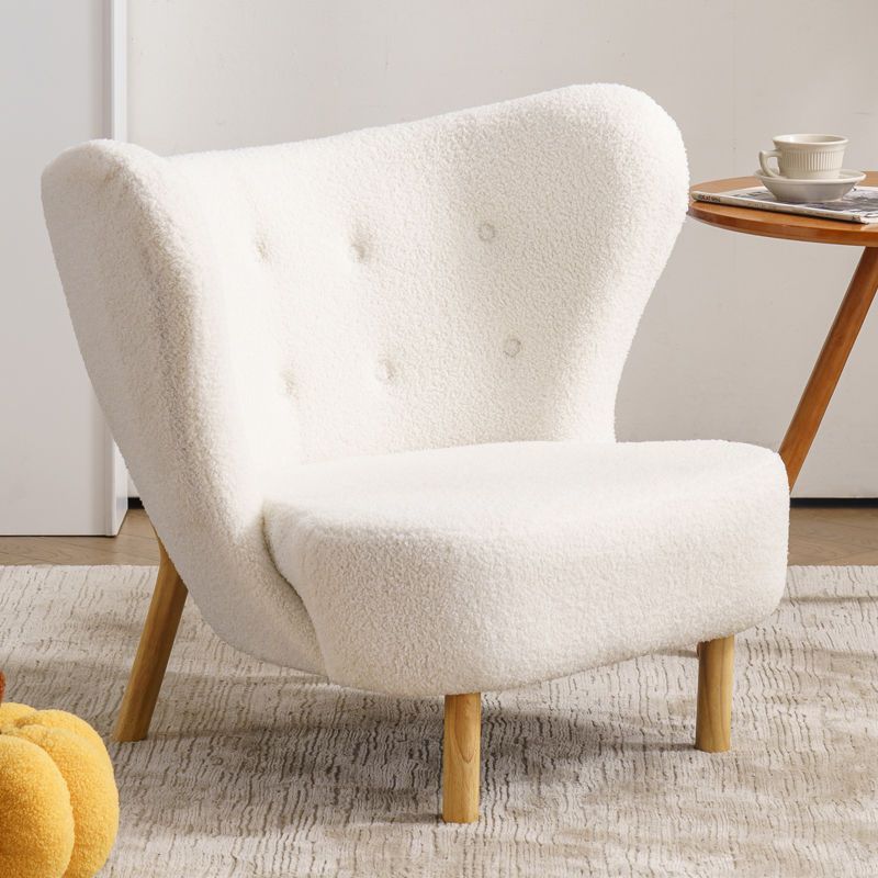 Nordic Lambswool Corduroy Wood Accent Chair — With Footrest / Leather - White