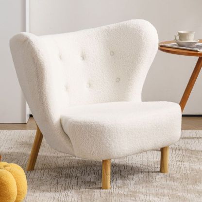 Nordic Lambswool Corduroy Wood Accent Chair — With Footrest / Leather - White