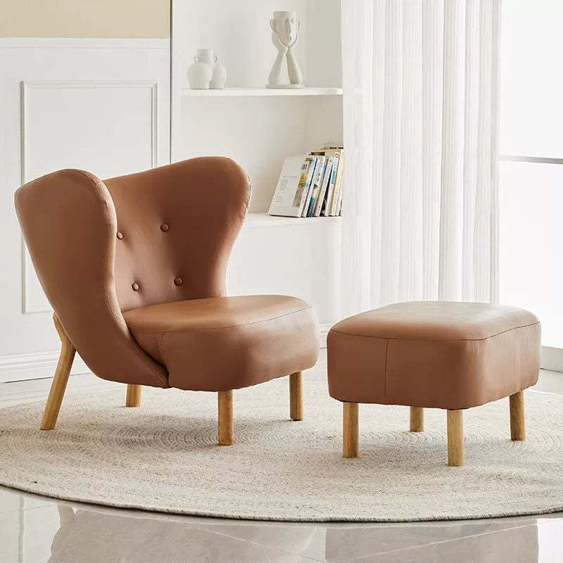 Nordic Lambswool Corduroy Wood Accent Chair — Without Footrest / Leather - Brown