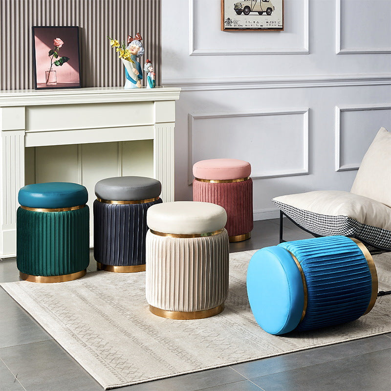 Scandinavian Velvet Wood Round Striped Backless Vanity Stool — Dark Green
