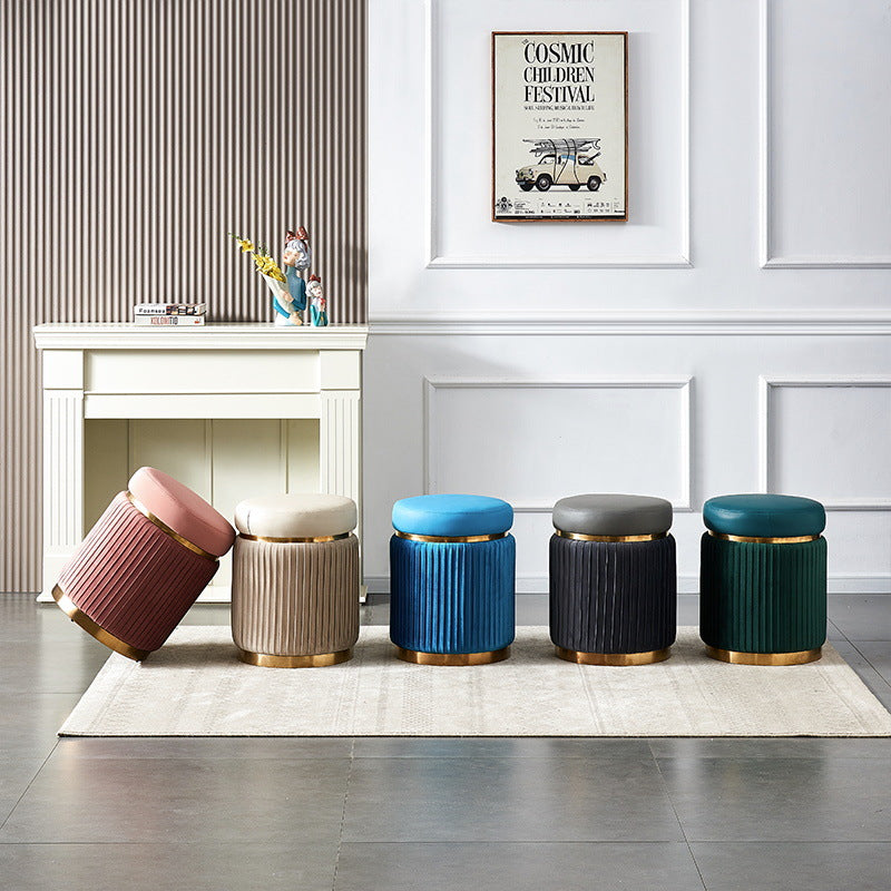 Scandinavian Velvet Wood Round Striped Backless Vanity Stool — Dark Gray