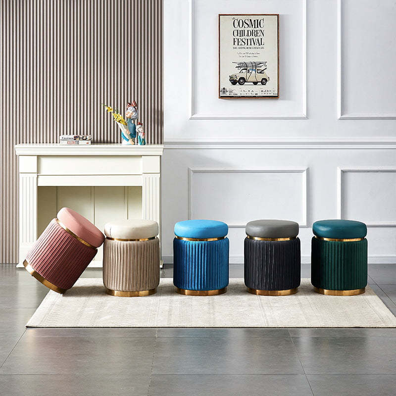 Scandinavian Velvet Wood Round Striped Backless Vanity Stool — Dark Gray