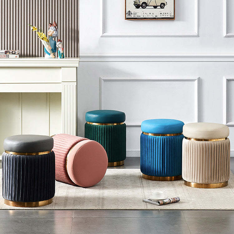Scandinavian Velvet Wood Round Striped Backless Vanity Stool — White