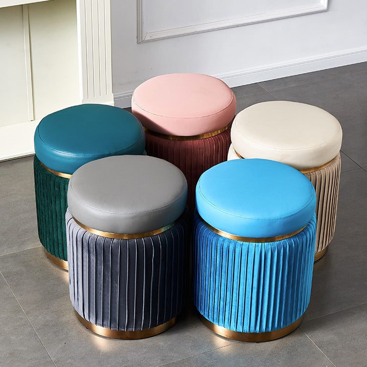 Scandinavian Velvet Wood Round Striped Backless Vanity Stool — Lake Blue