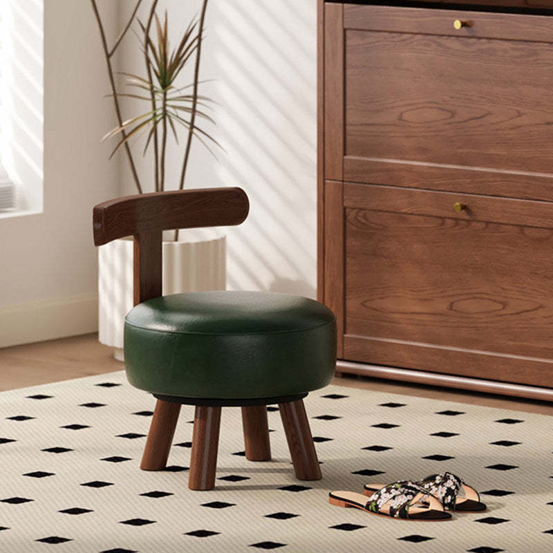Retro Oil-Waxed Leather Swivel Low Stool — Non-Swivel / Green / Cherry Wood Color