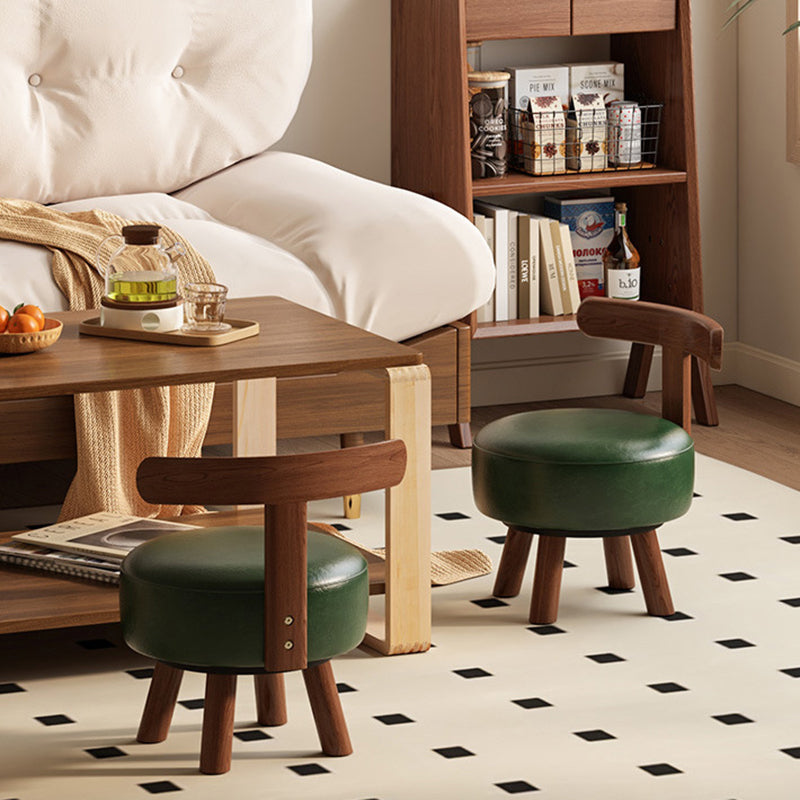 Retro Oil-Waxed Leather Swivel Low Stool — Swivel / Green / Walnut