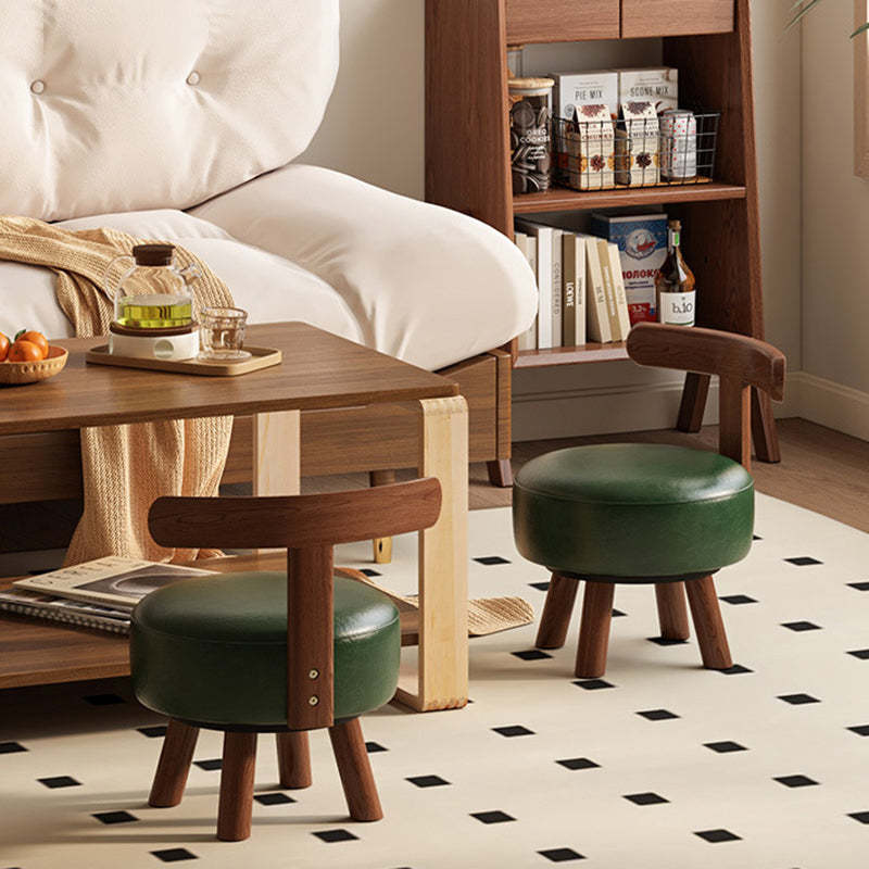 Retro Oil-Waxed Leather Swivel Low Stool — Swivel / Green / Walnut