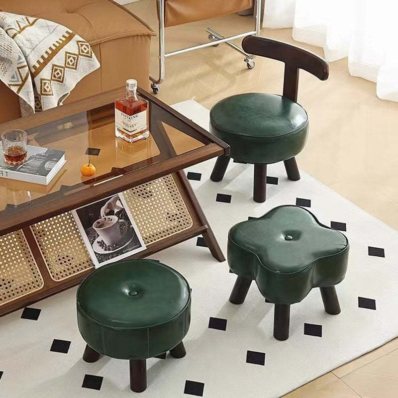 Retro Oil-Waxed Leather Swivel Low Stool — Swivel / Green / Cherry Wood Color