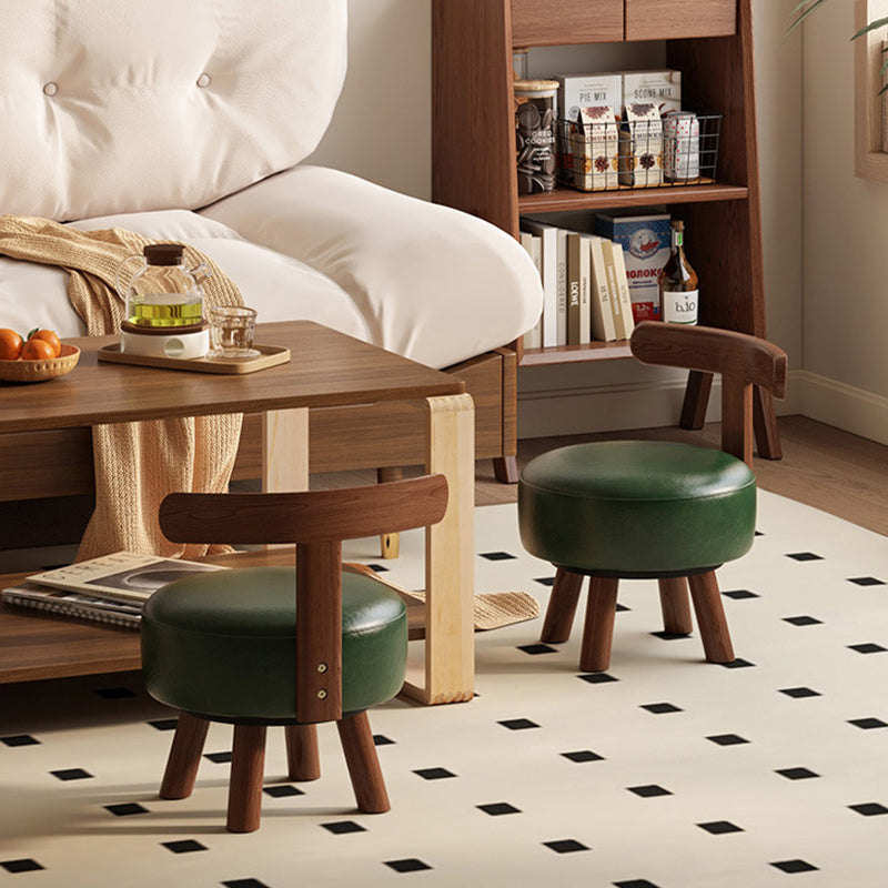 Retro Oil-Waxed Leather Swivel Low Stool — Non-Swivel / White / Cherry Wood Color