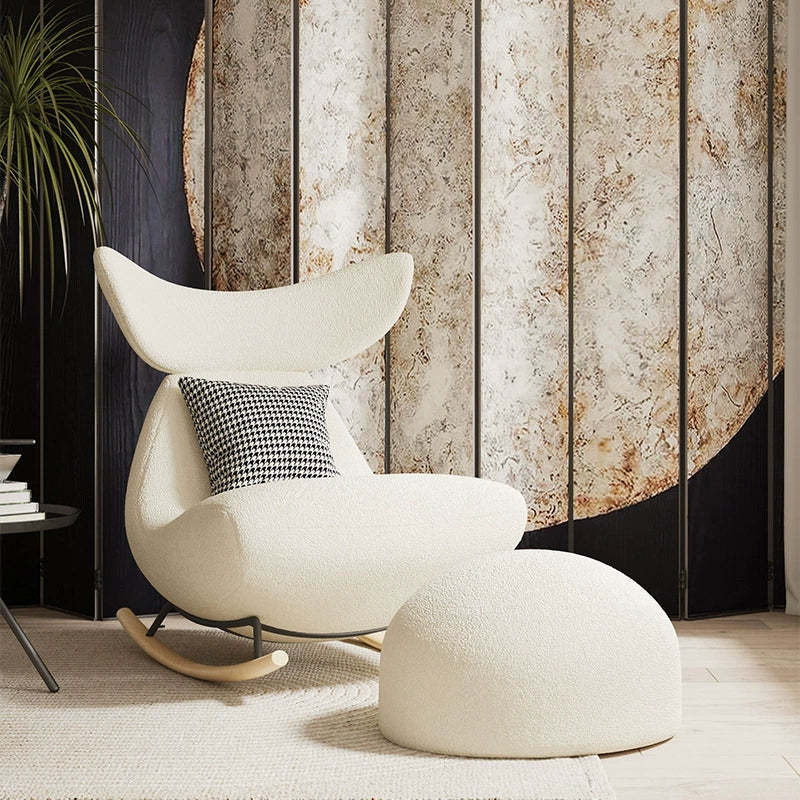 Nordic Lambswool Wood Whale Rocking Chair — White Footrest