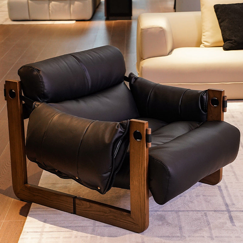Retro Leather Ash Wood Cotton Accent Chair — Cat-Scratch Leather / Cotton / Gray