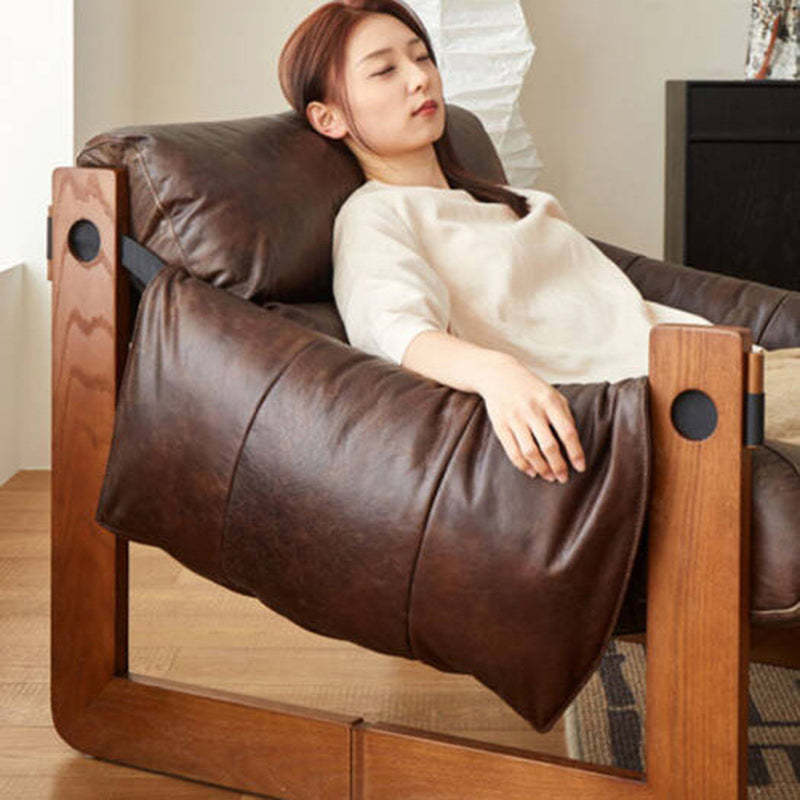 Retro Leather Ash Wood Cotton Accent Chair — Genuine Leather / Cotton / Gray