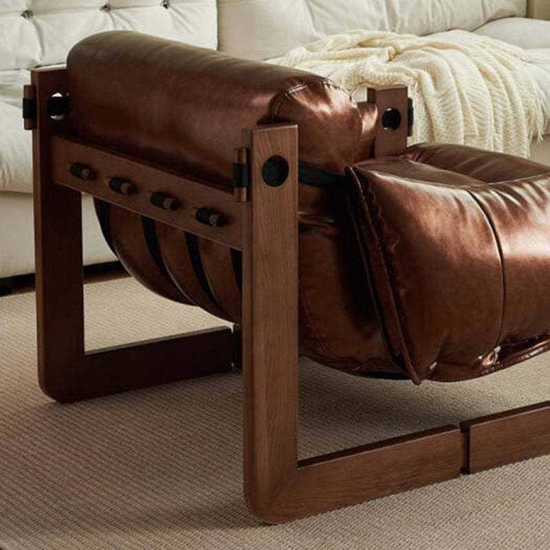 Retro Leather Ash Wood Cotton Accent Chair — Microfiber Leather / Cotton + Down / Gray