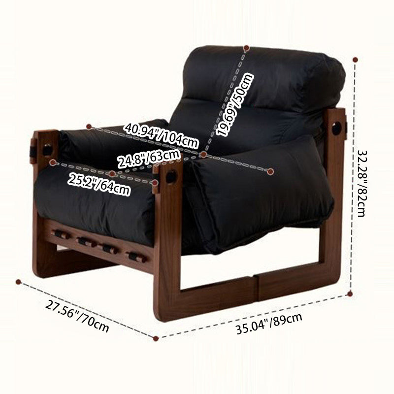 Retro Leather Ash Wood Cotton Accent Chair — Cat-Scratch Leather / Cotton + Down / Coffee Color