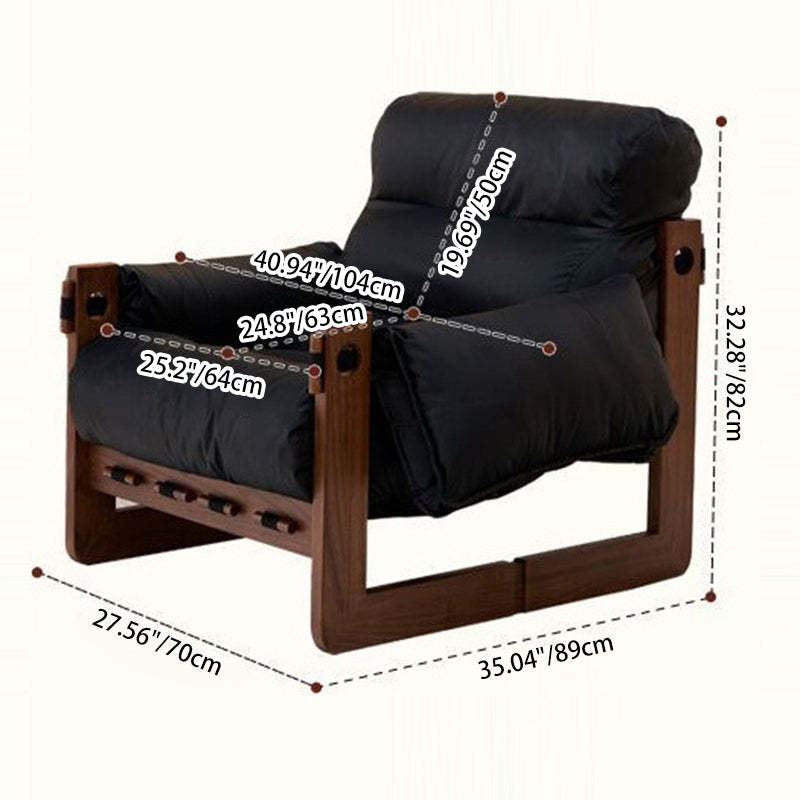 Retro Leather Ash Wood Cotton Accent Chair — Cat-Scratch Leather / Cotton + Down / Coffee Color
