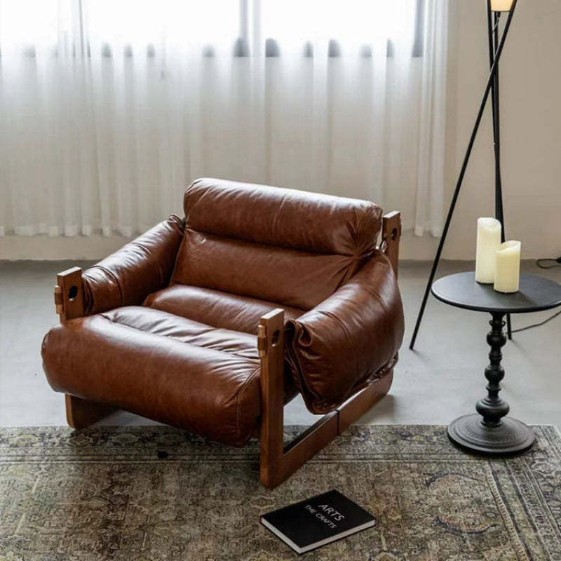 Retro Leather Ash Wood Cotton Accent Chair — Cat-Scratch Leather / Cotton + Down / Gray