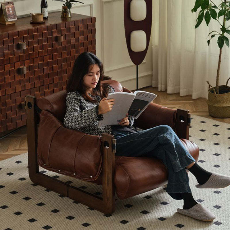 Retro Leather Ash Wood Cotton Accent Chair — Genuine Leather / Cotton + Down / Black